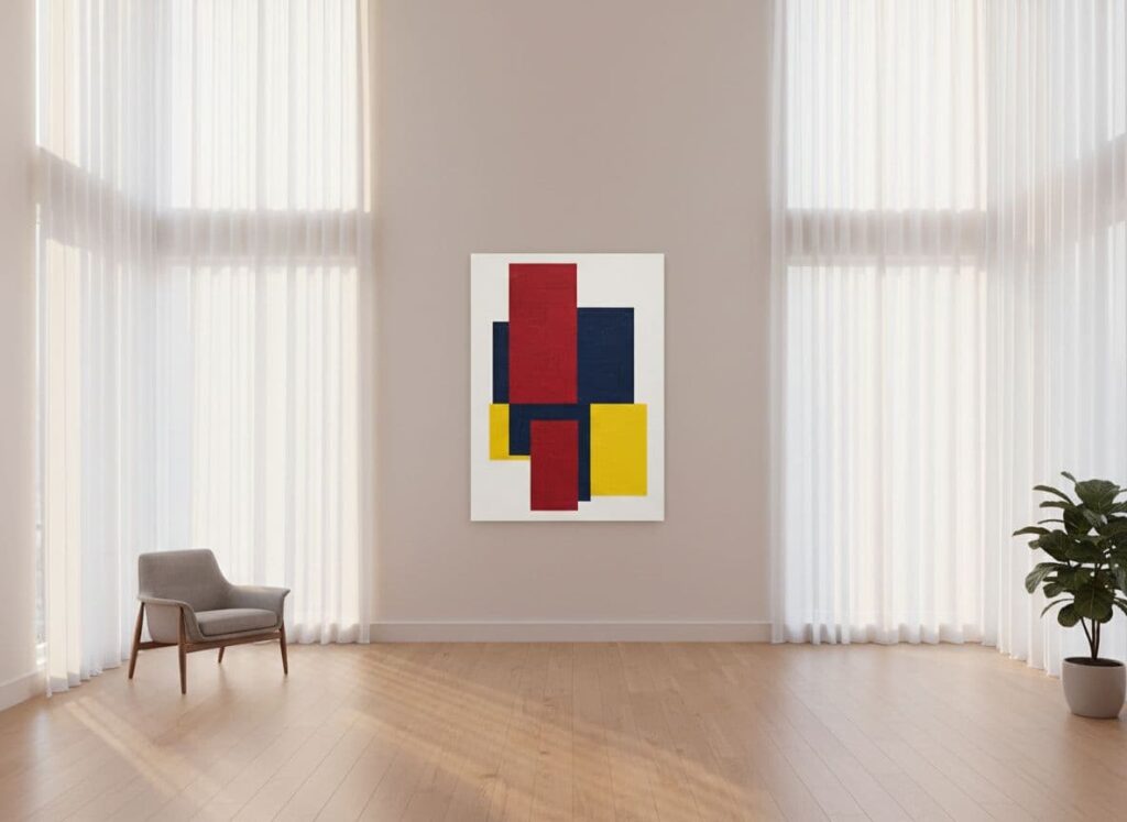 Photorealistic spacious minimalist modern living room with high ceilings, large windows, and a central bold abstract geometric artwork in crimson red, navy, and yellow on a white wall. Modern Decorative Wall Art