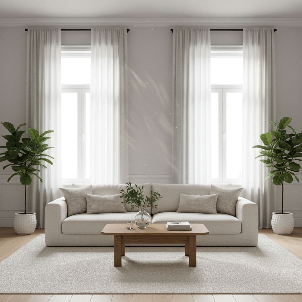small living room ideas: A luminous minimalist living room with pale dove-gray walls, cream sofa, and abundant sunlight through floor-to-ceiling windows, creating a calm restorative sanctuary.