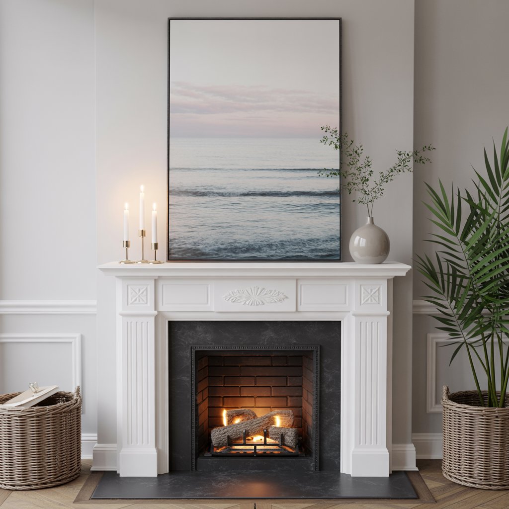 Coastal farmhouse fireplace with large seascape and simple mantel decor