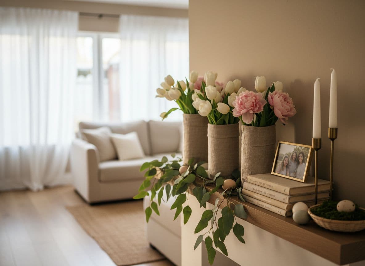 Simple spring mantel that stays tidy with weekly resets, open space, and relaxed greenery.