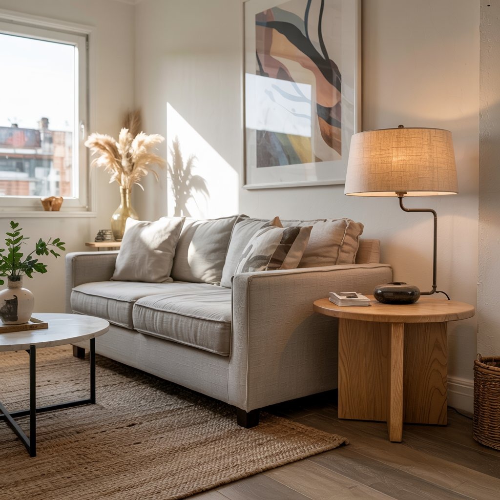 Small neutral transitional living room with linen sofa, wood side table, and jute rug in a bright apartment.