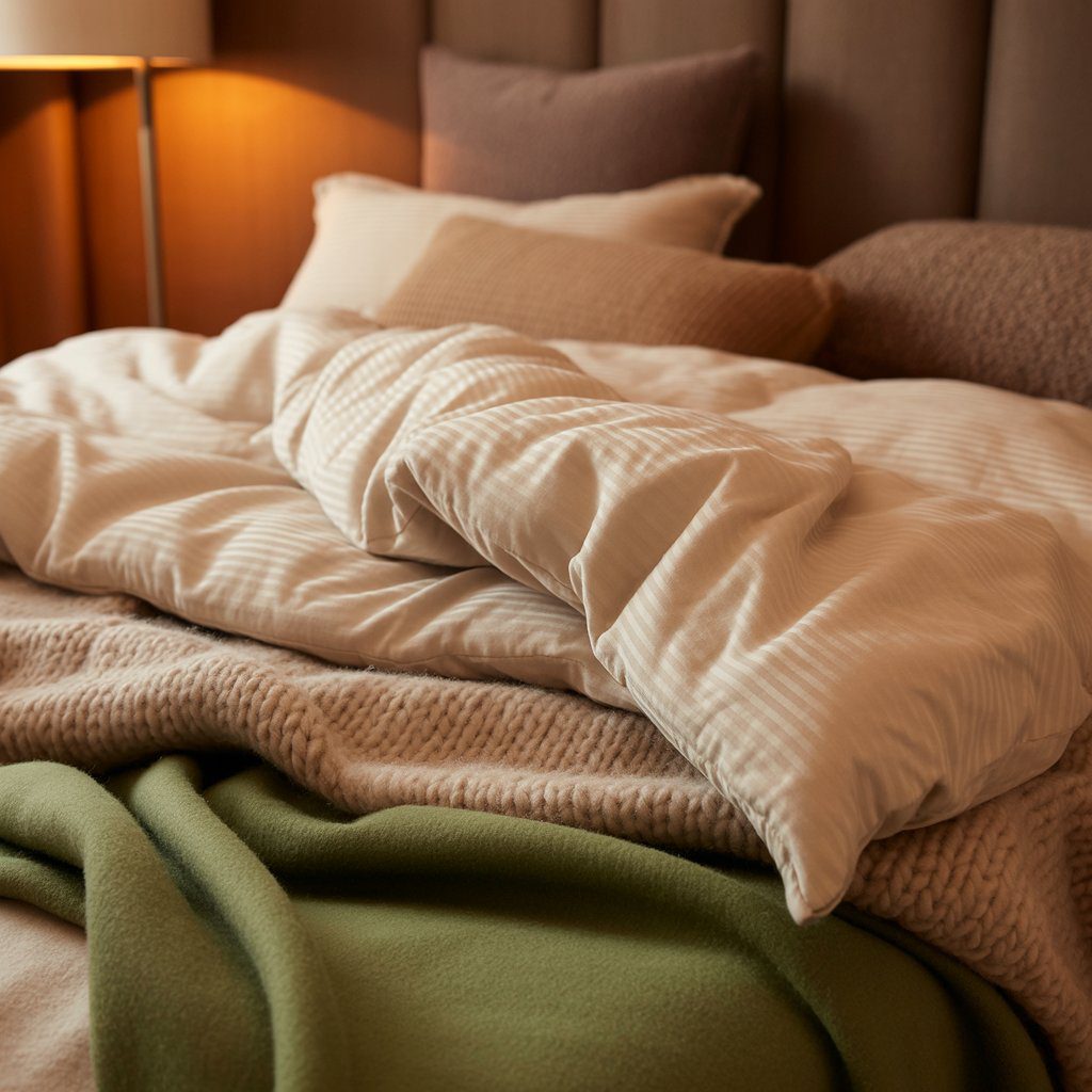Winter Cozy Home Ideas. Layered winter bedding with flannel sheets and cozy throws.