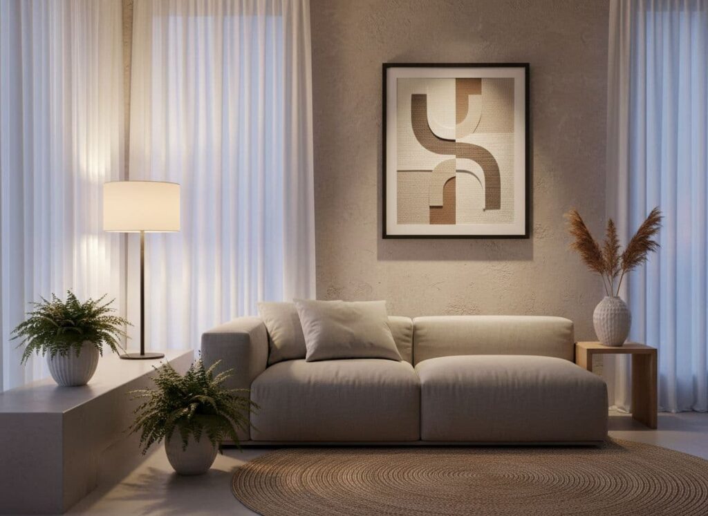 Photorealistic image of a cozy evening modern living room featuring a large low-hung minimalist framed wall art with abstract geometric shapes, illuminated by a warm table lamp amid neutral decor.