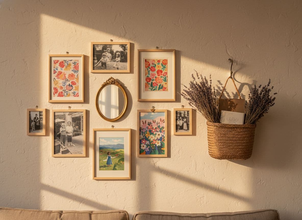 A close-up of a warmly lit living room wall featuring an asymmetrical gallery of black-and-white family photos, abstract art prints, and a gilded mirror, with a woven basket of lavender adding charm.