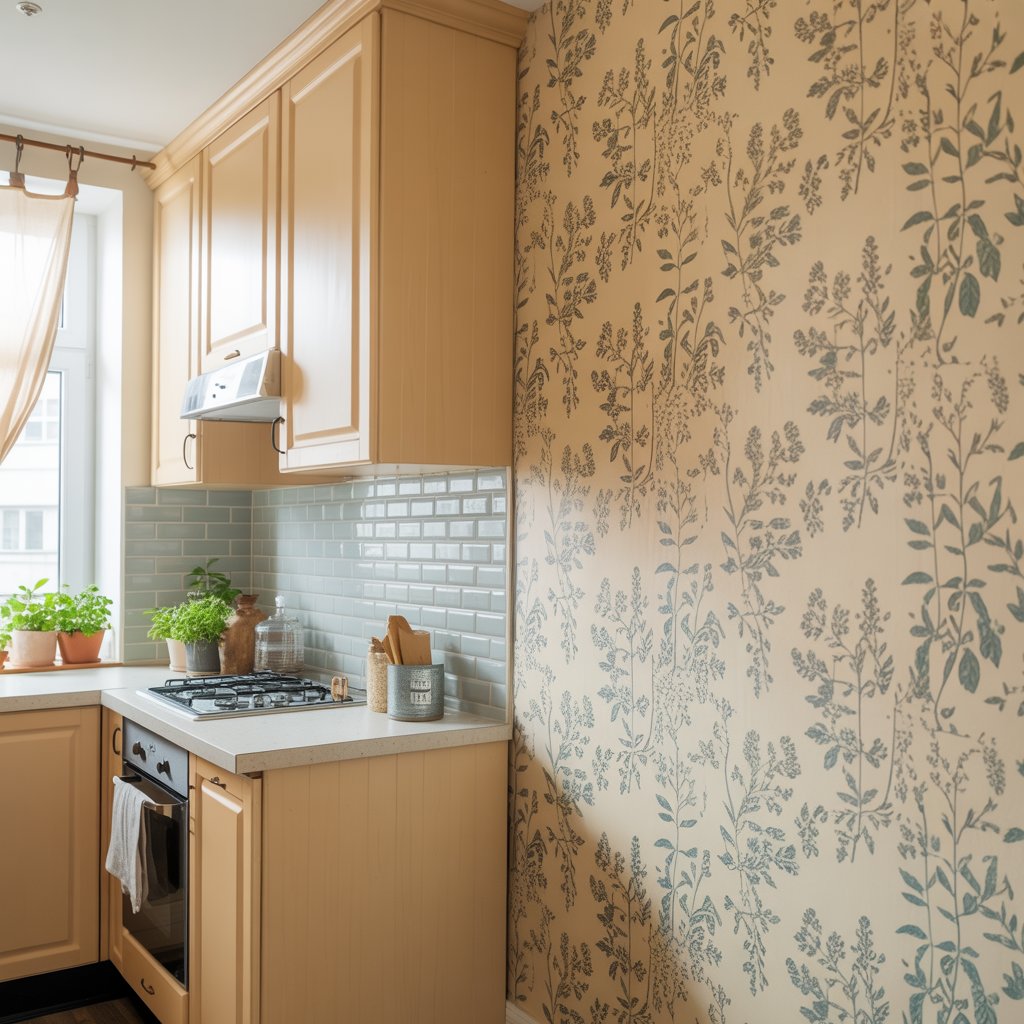 Cozy rental kitchen with peel and stick subway tile and floral removable wallpaper accent wall
