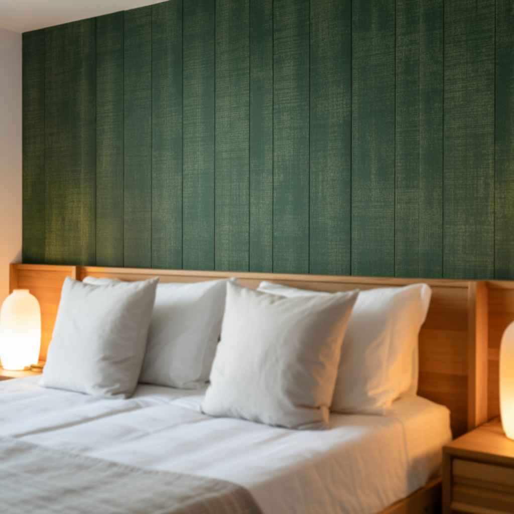 A plain bedroom wall behind your headboard, now covered in deep green peel-and-stick wallpaper, with simple white bedding in front and warm wooden nightstands on each side. renter friendly wall ideas