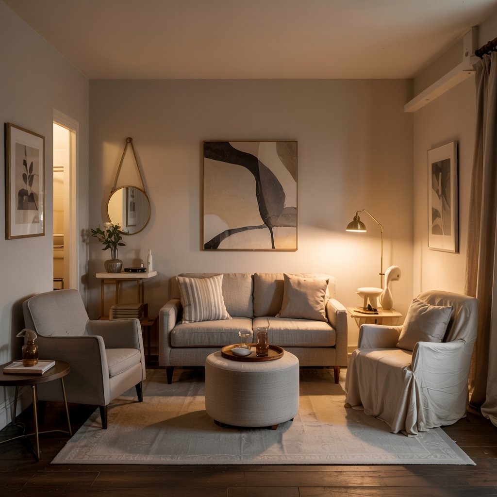 Small transitional apartment with a compact living room, calm bedroom, and tidy entryway in light neutrals. transitional home decor for small spaces