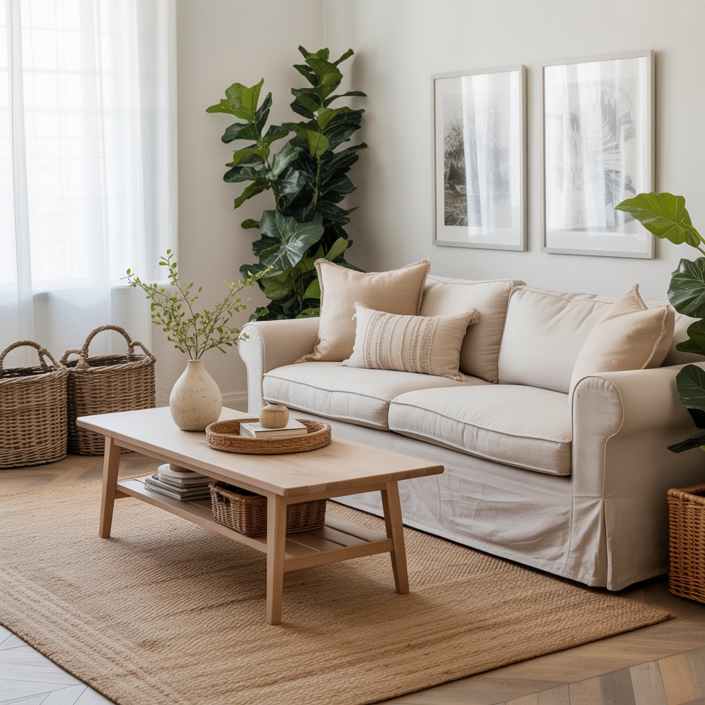 Coastal farmhouse living room with jute rug, light wood table, and woven baskets