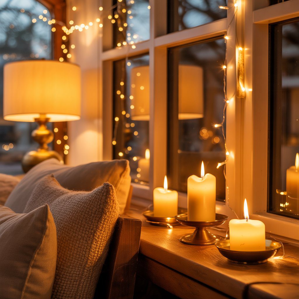 Warm ambient winter lighting with lamps and candles. Winter Cozy Home Ideas