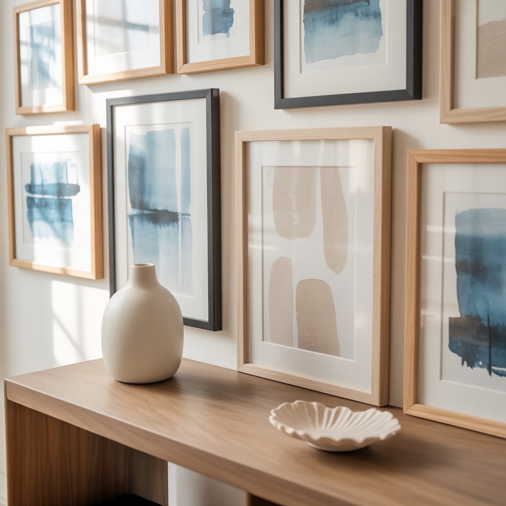 Coastal farmhouse gallery wall with soft artwork in simple frames