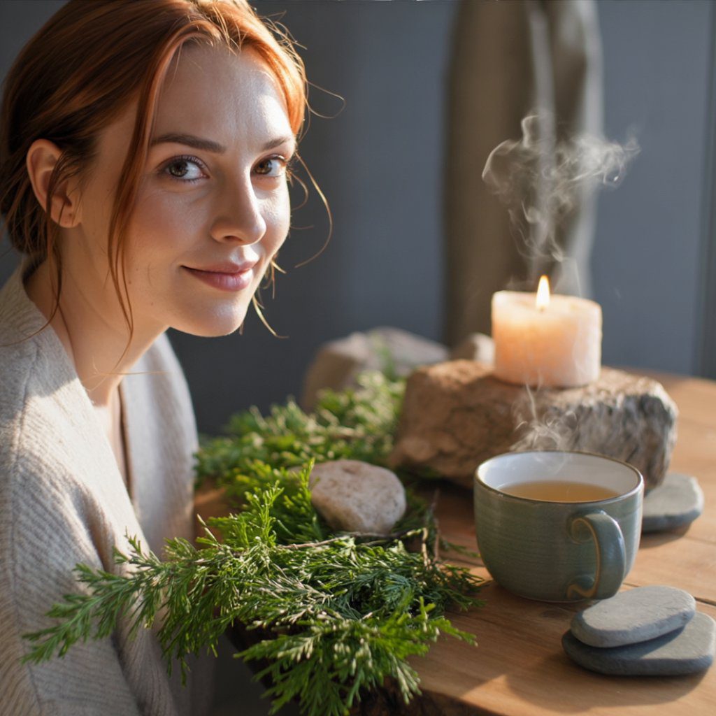 Winter d&eacute;cor using wood, greenery, and natural elements.