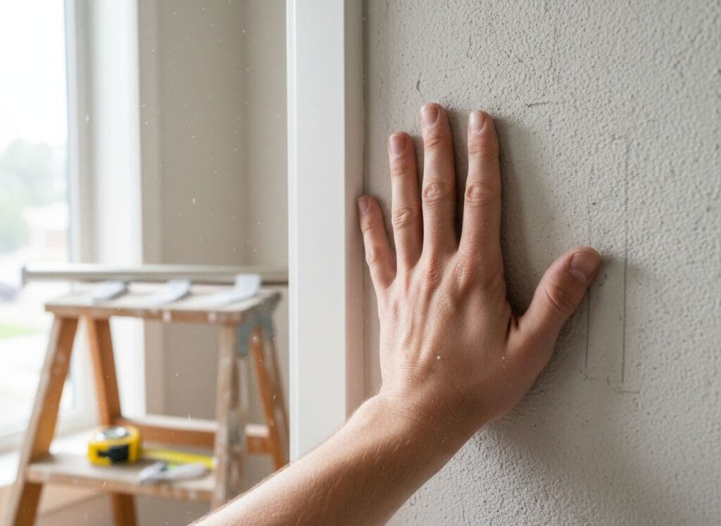  hand pressing an open palm against a dusty, textured plaster wall in a modern living room 