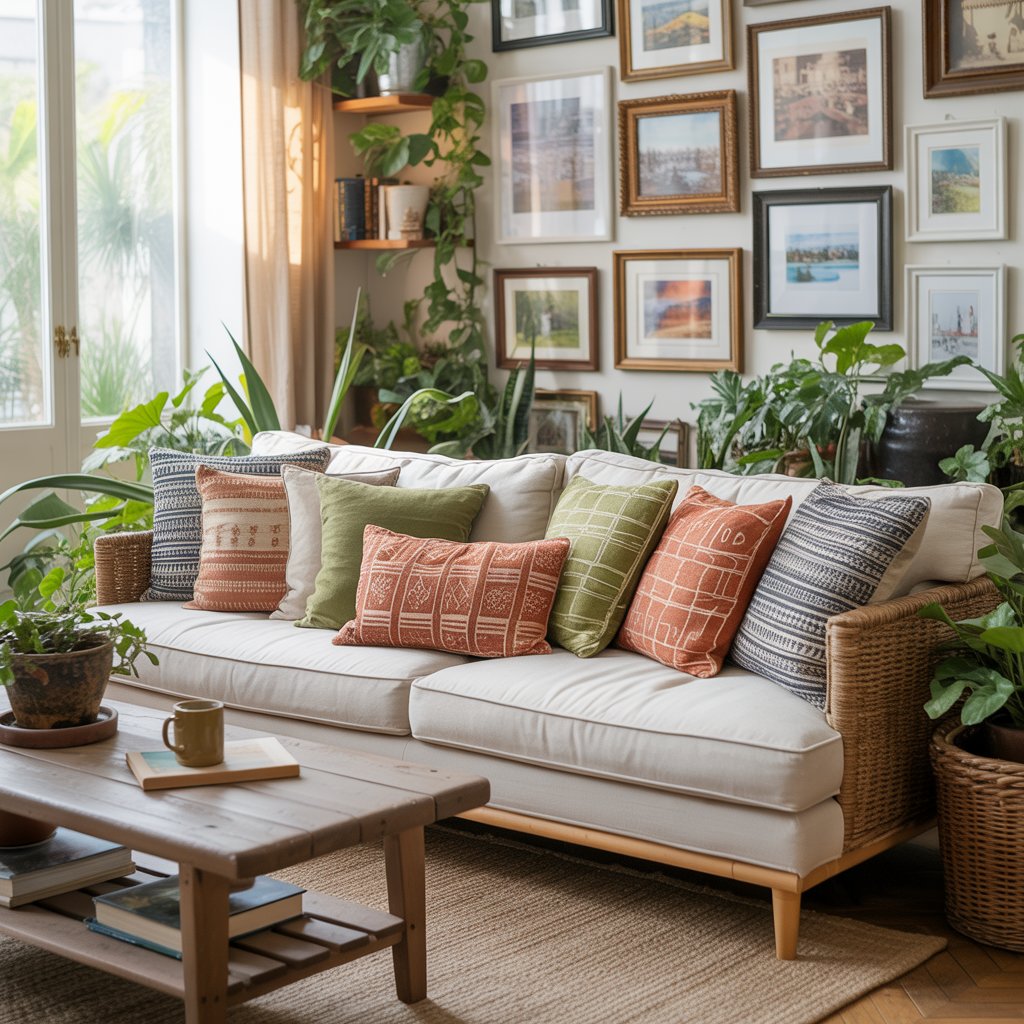 What Is Boho Style Decor Cozy boho living room with layered pillows, jute rug, plants, and gallery wall