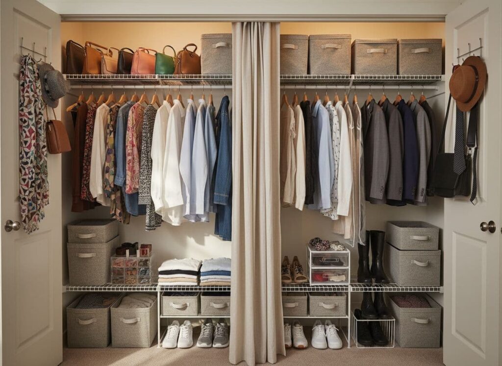 a small reach-in closet in a cozy modern apartment bedroom, impeccably organized with rental-friendly tension rods, bins, and shelves for shared couple's wardrobes, bathed in soft morning sunlight.