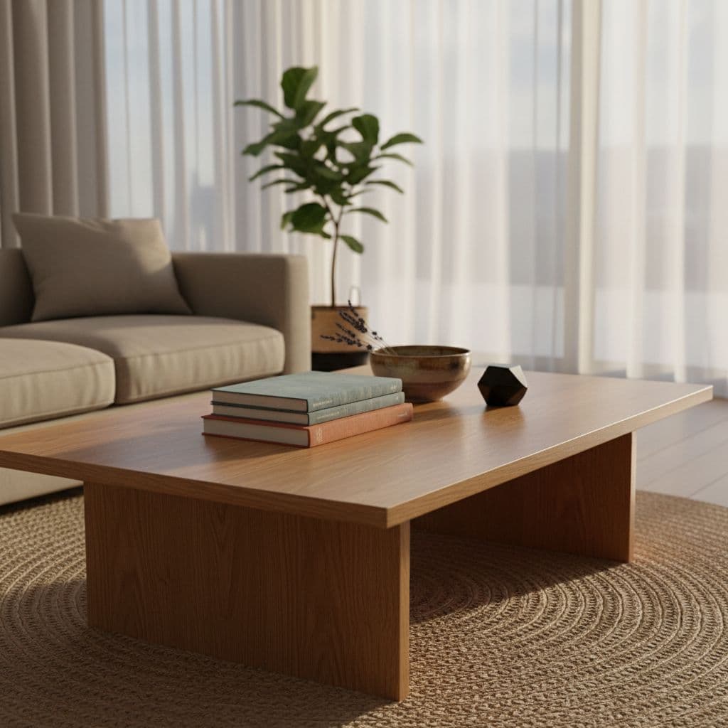 Photorealistic close-up of a sleek, low-profile oak coffee table in a minimalist modern living room, featuring a stack of hardcover books, a ceramic bowl with dried lavender, and a geometric stone sculpture amid expansive empty space.