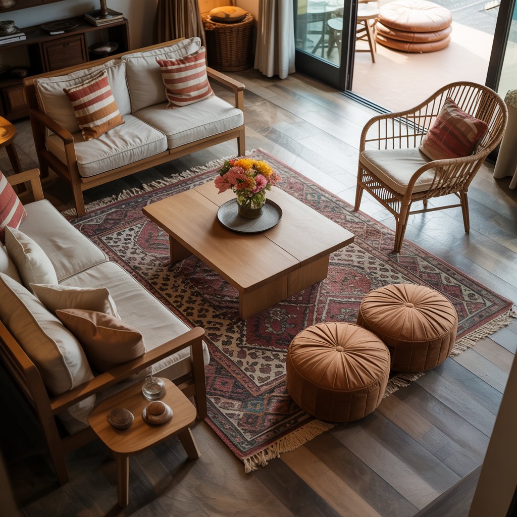 What Is Boho Style Decor Boho living room layout with sofa, rattan chair, poufs, and open walkways