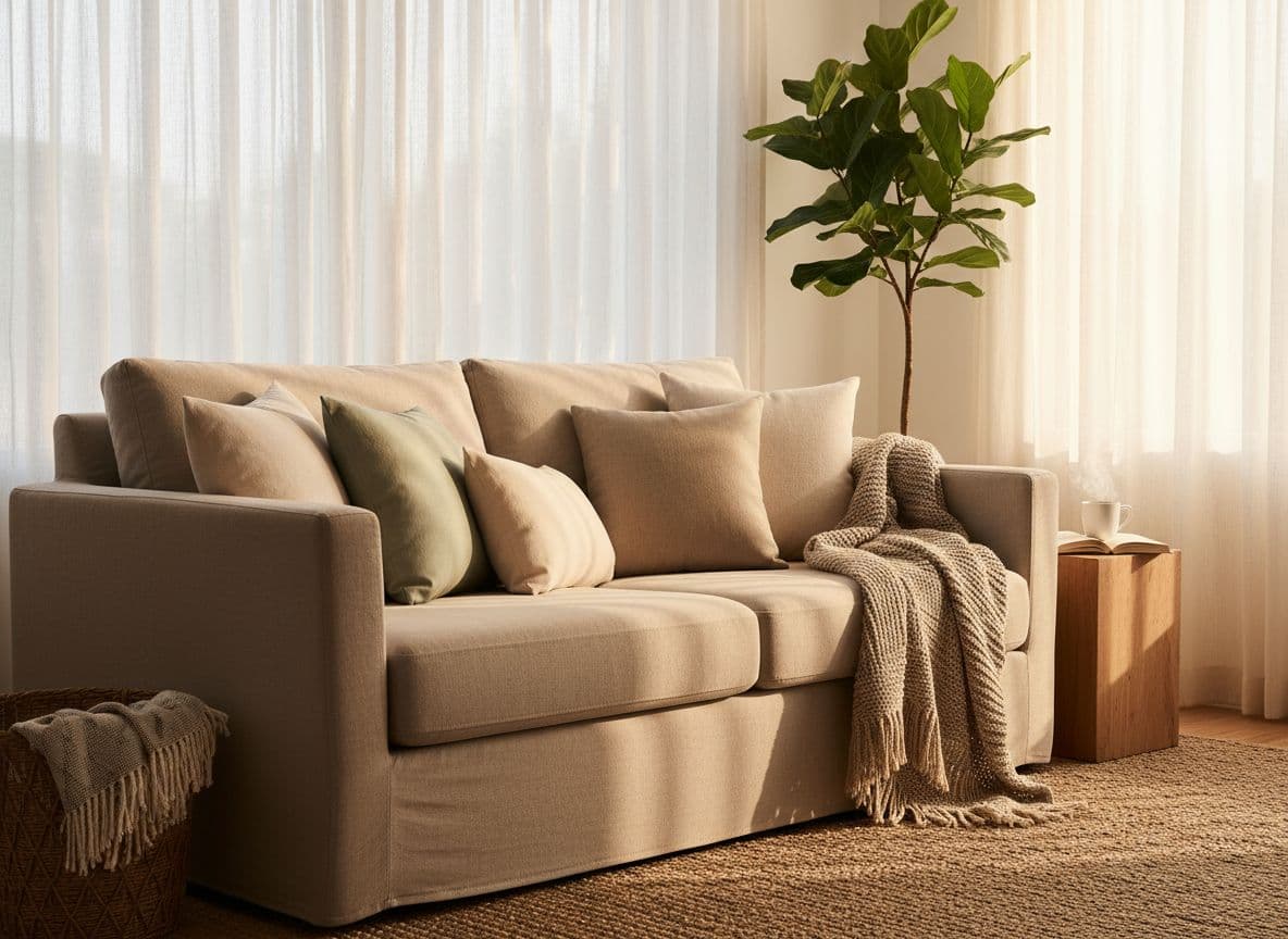 A neutral beige linen sofa adorned with plush pillows and throws in a serene, sunlit modern living room corner, evoking hygge warmth with subtle decor elements.