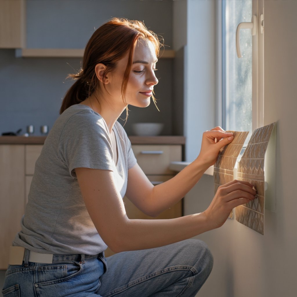 Renter carefully removing peel and stick backsplash from a white kitchen wall