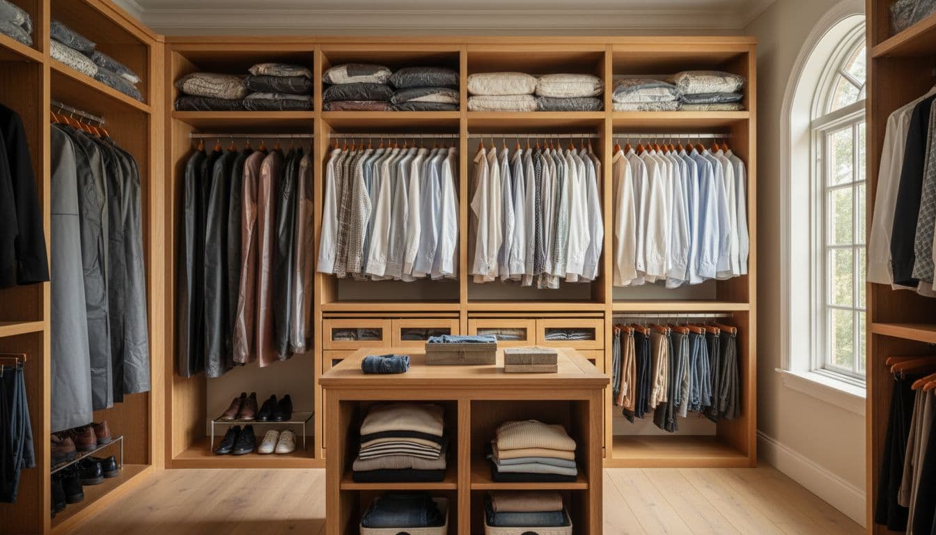 Organized walk-in closet with clear zonesCloset Organizer Solutions