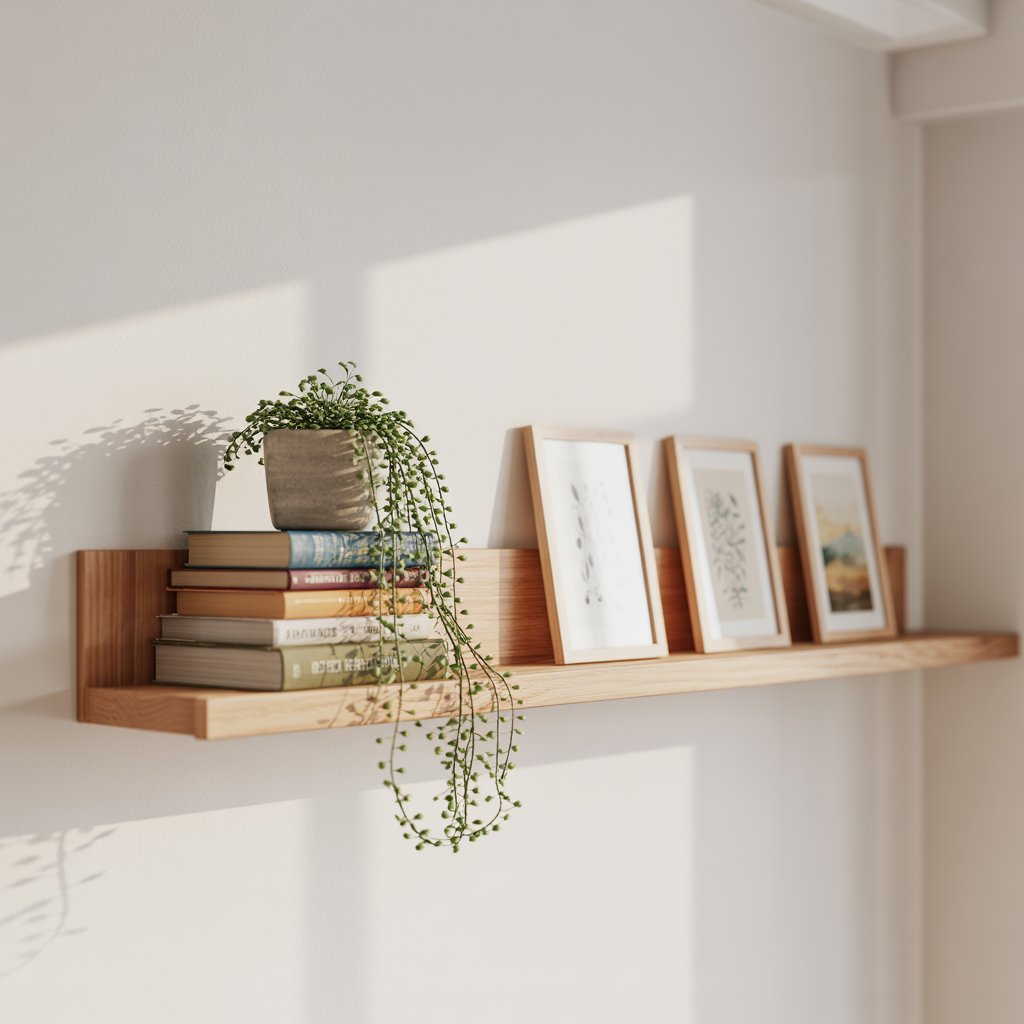 A slim, waist-high shelf tucked onto a narrow wall, filled with a stack of books, a tiny trailing plant, and a few favorite prints propped against the wall in a neat row.