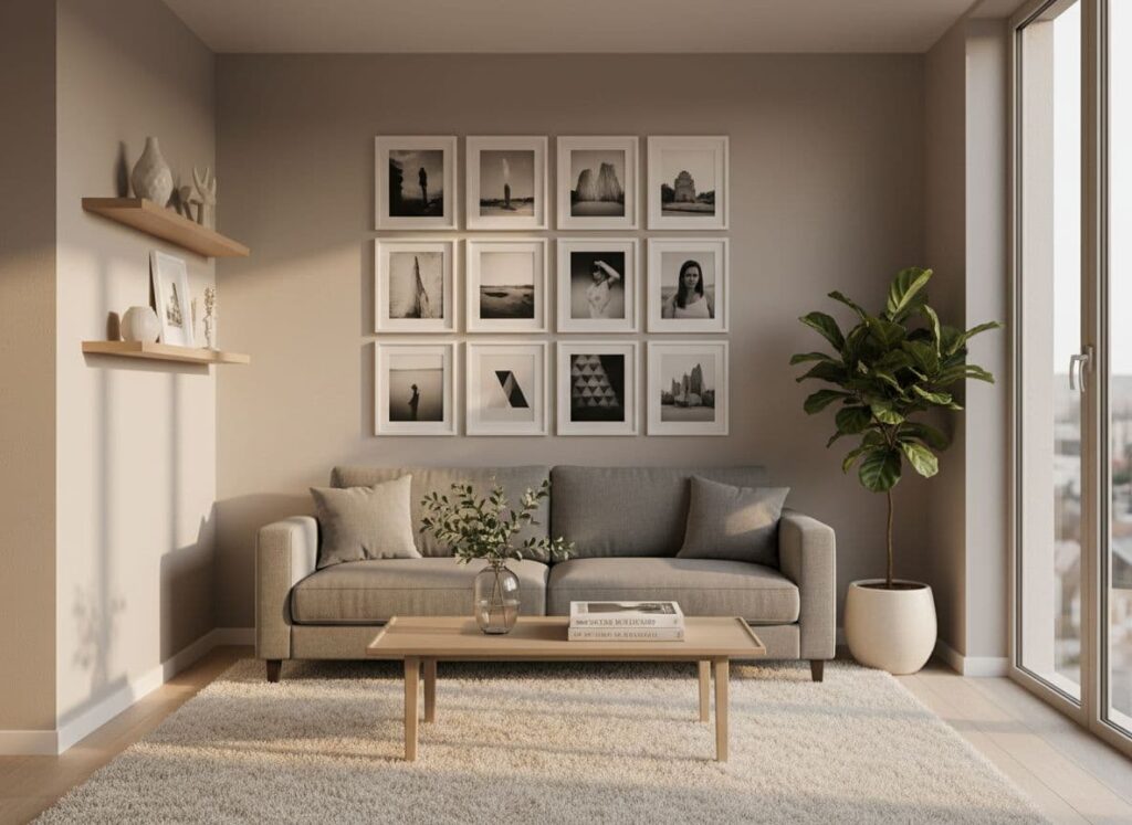 A photo-realistic ultra high-definition image of a cozy small modern living room bathed in soft golden-hour sunlight, featuring a focal minimalist 4x3 grid of 12 black-and-white framed photographs above a sleek gray linen sofa, with neutral taupe walls, cream shag rug, oak coffee table, fiddle-leaf fig, and floating shelves.