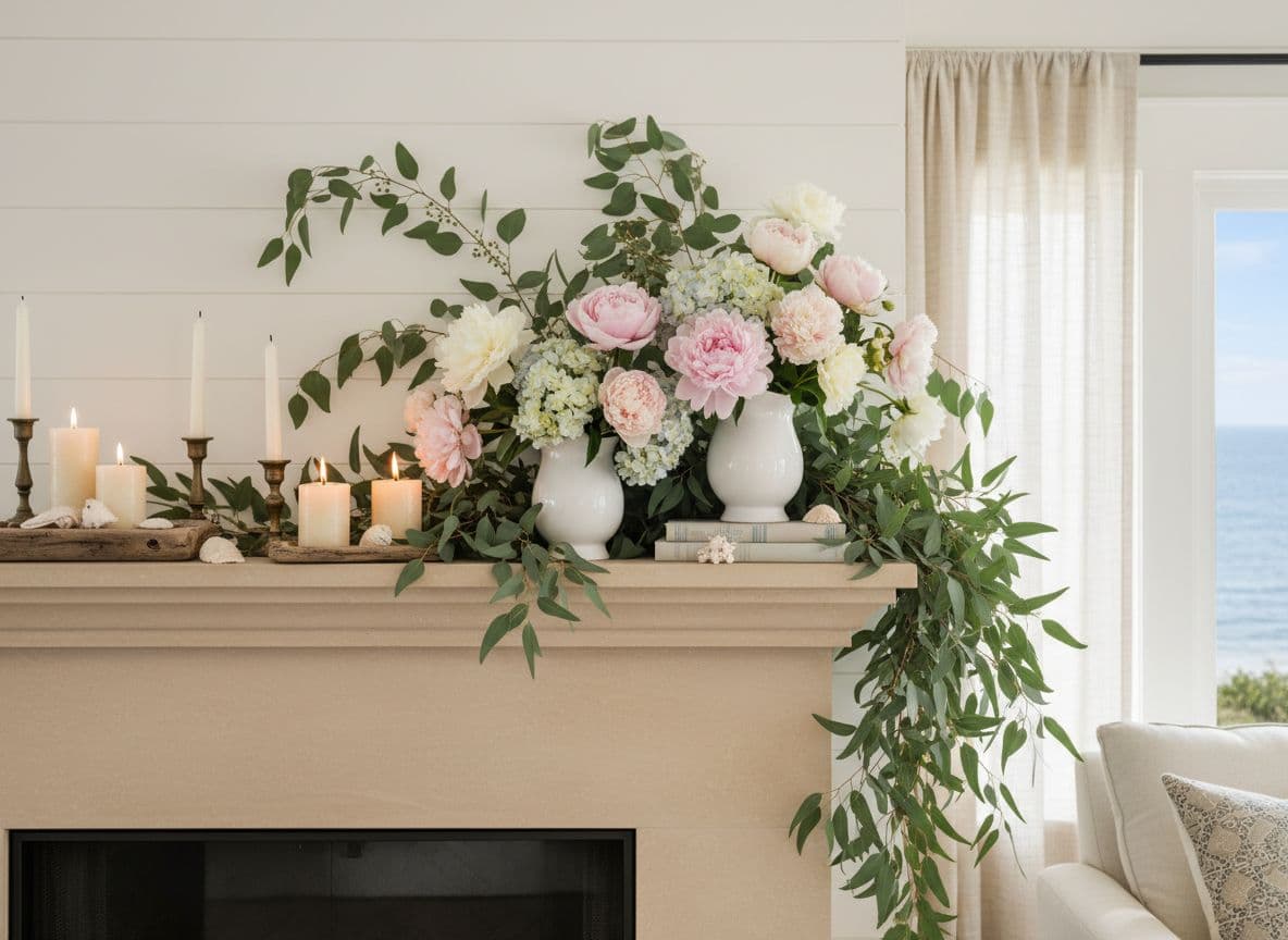 Spring mantel greenery styled as a soft frame with gentle drape, open space, and a calm focal point.
