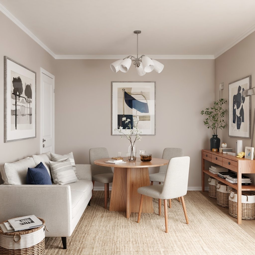 Small open-plan transitional living and dining area with greige sofa, round table, and navy accents.