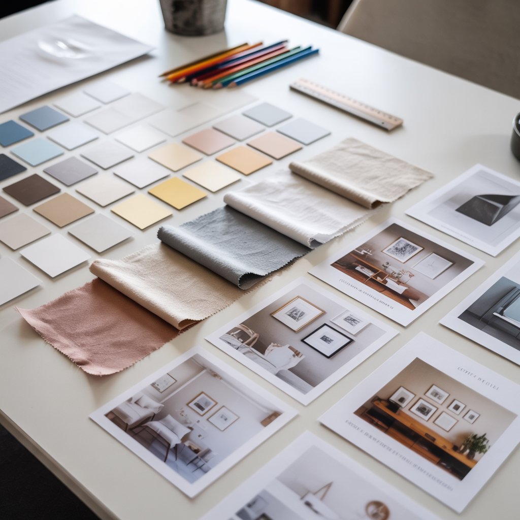 A simple mood board on your table with paint swatches, fabric scraps, and tiny printed photos of gallery walls, helping you see your rental walls before you touch a single one.