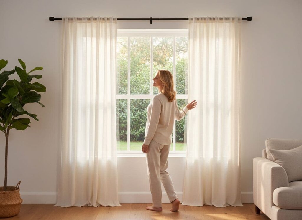 A middle-aged woman in casual attire smiles calmly while stepping back from a bay window in a minimalist modern living room, admiring her perfectly installed floor-length sheer linen curtains