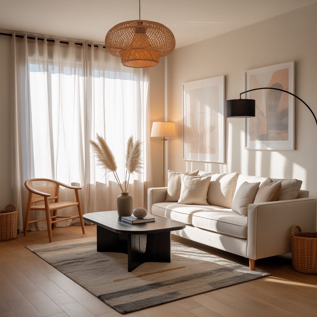 Cozy airy living room with layered lighting and sheer curtains