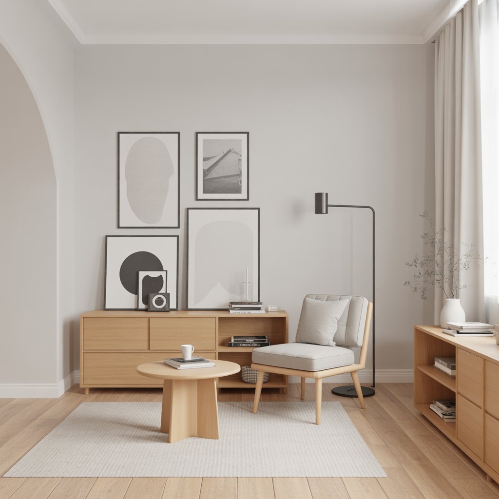 Light living room with subtle black accents in frames and lamp