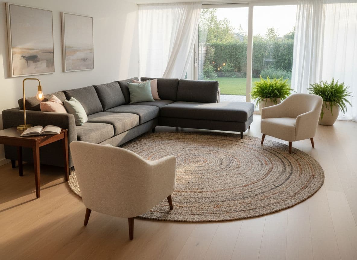 A serene contemporary living room with a plush gray sectional sofa, beige armchairs, and natural light from large windows, creating an inviting space for relaxation and conversation.
