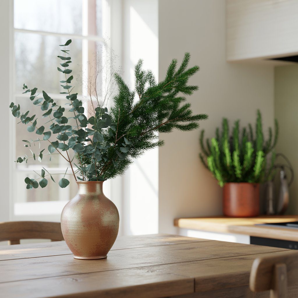 A stoneware vase sits on the dining table filled with soft eucalyptus branches and deep green fir sprigs, their silhouettes catching the light from a nearby window. The air smells faintly herbal and fresh. Across the room, a small potted rosemary plant rests on the counter, offering a hint of green against the winter-white backdrop.