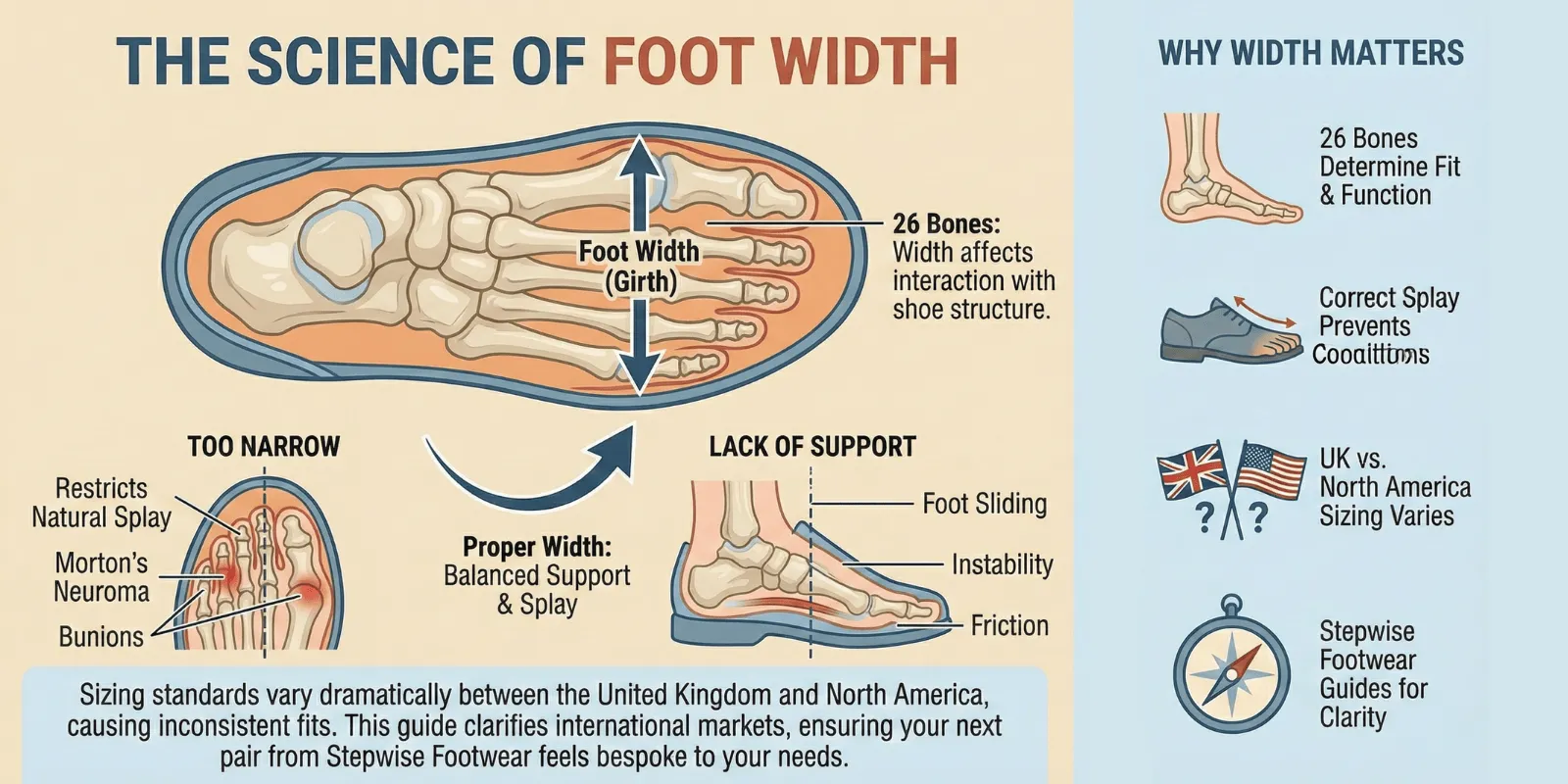 Stepwise Footwear infographic detailing the science of foot width, illustrating the health risks of improper fit like bunions and instability, and noting international sizing variations.