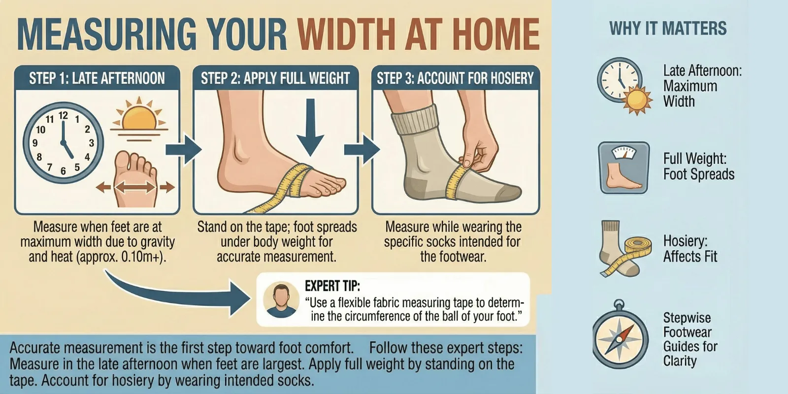 Stepwise Footwear infographic illustrating a three-step guide for accurately measuring foot width at home: late afternoon, applying full weight, and accounting for hosiery.