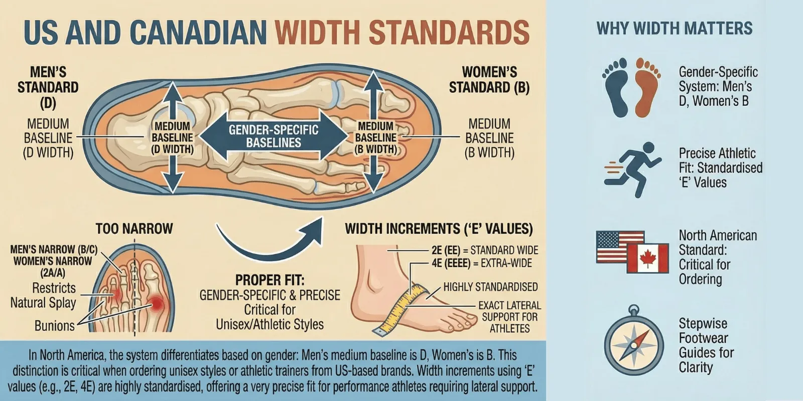 Stepwise Footwear infographic illustrating US and Canadian footwear width standards, detailing gender-specific medium baselines (Men's D, Women's B) and standardized 'E' value width increments for precise fit.