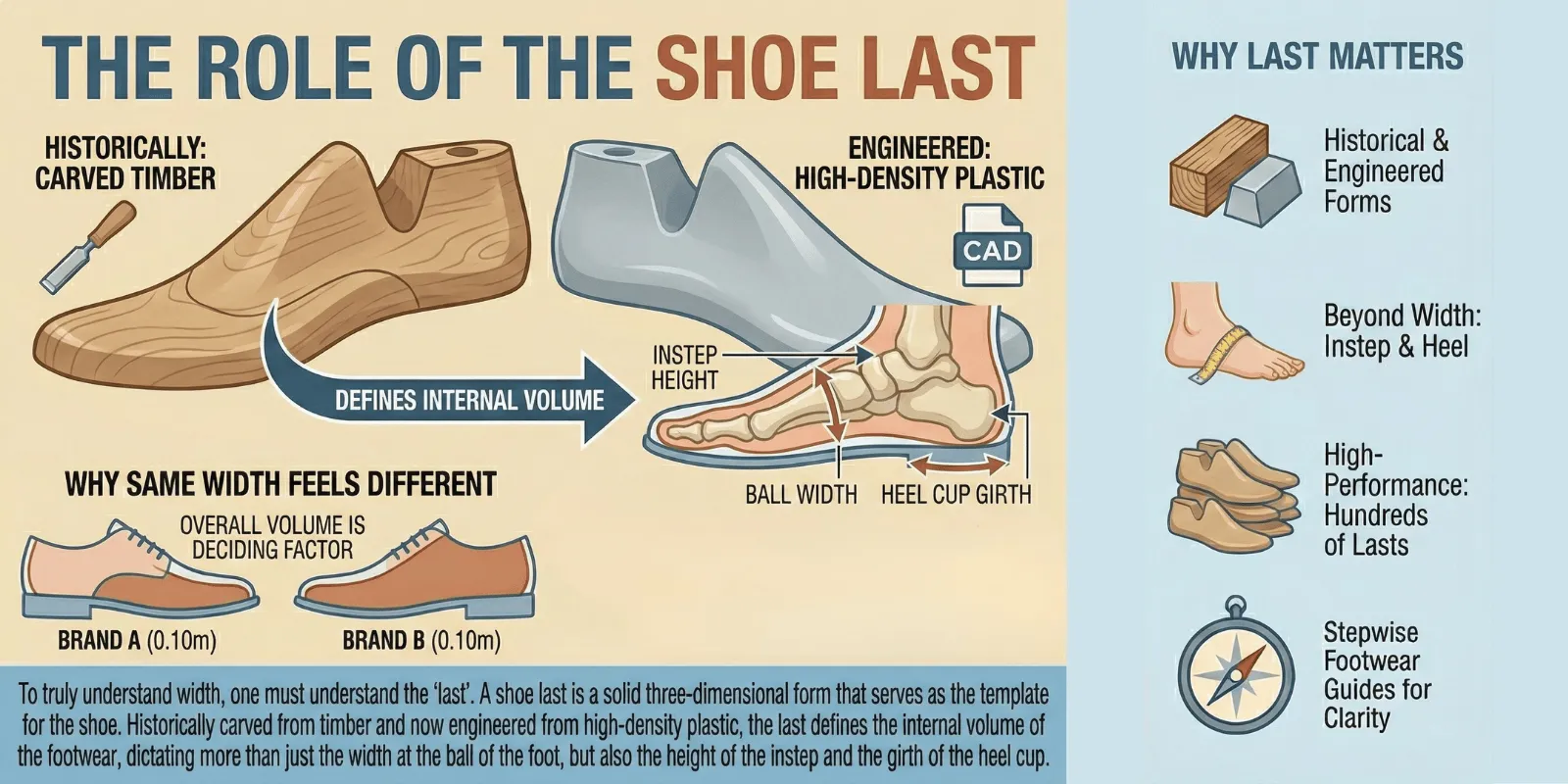 Stepwise Footwear infographic explaining how a shoe last defines a shoe's internal volume, influencing fit characteristics like instep height and heel girth beyond simple width measurements.
