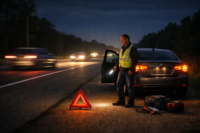 Calm, practical essentials that help you stay visible, comfortable, and in control while waiting for help after dark.