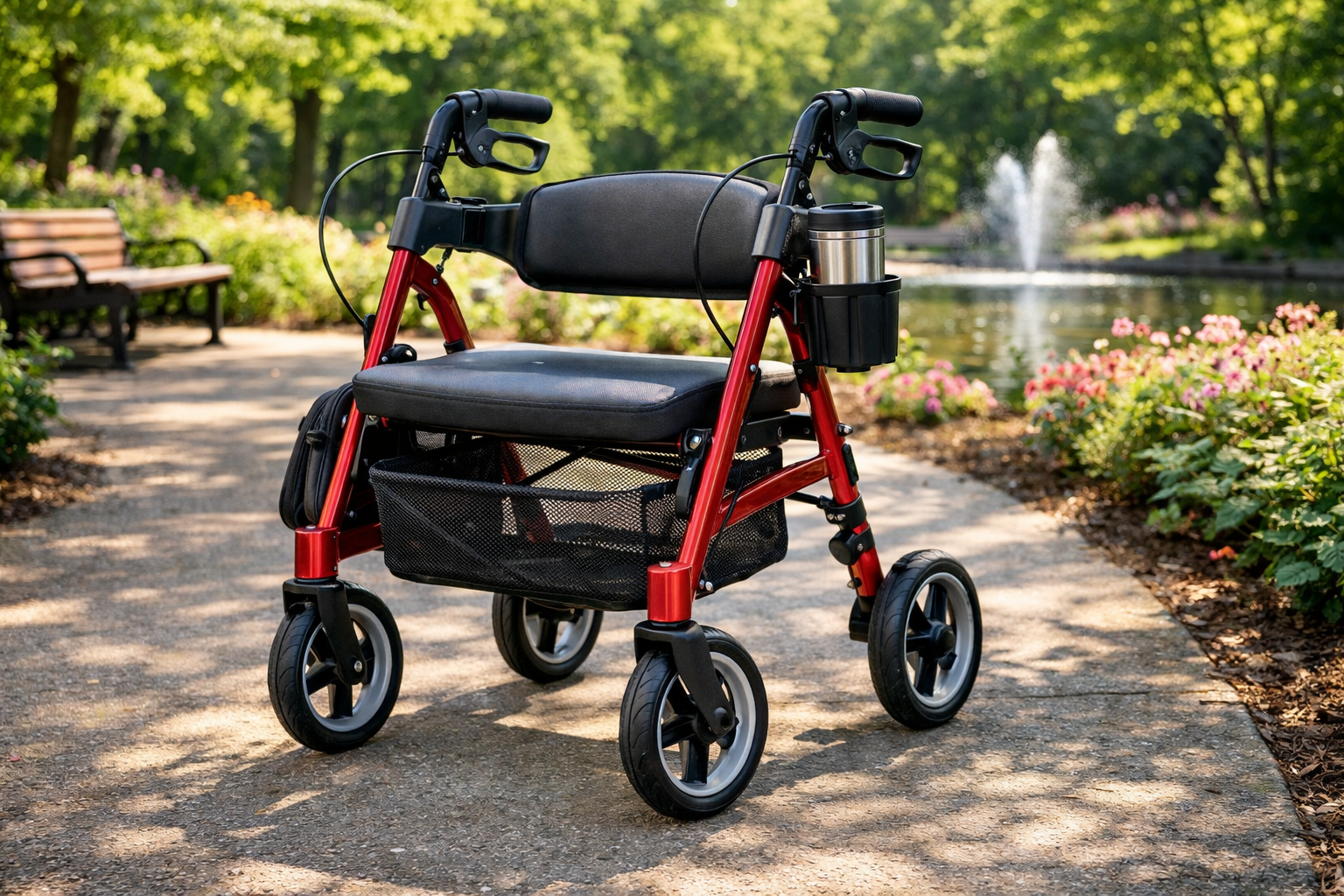 Stylish Red Rollator Walker with Comfortable Seat