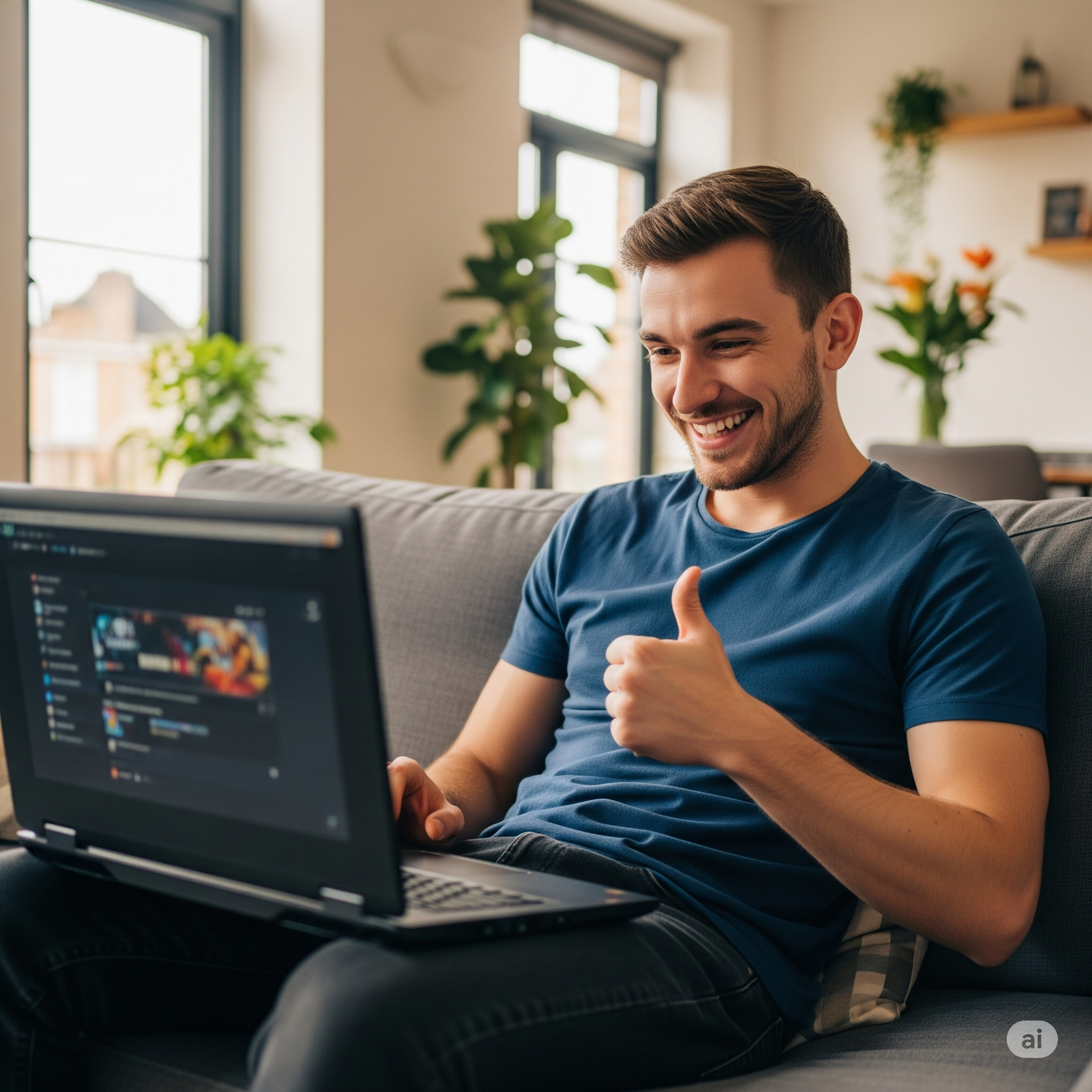 A warm, authentic lifestyle photo of a happy young man in his early twenties, sitting in a comfortable