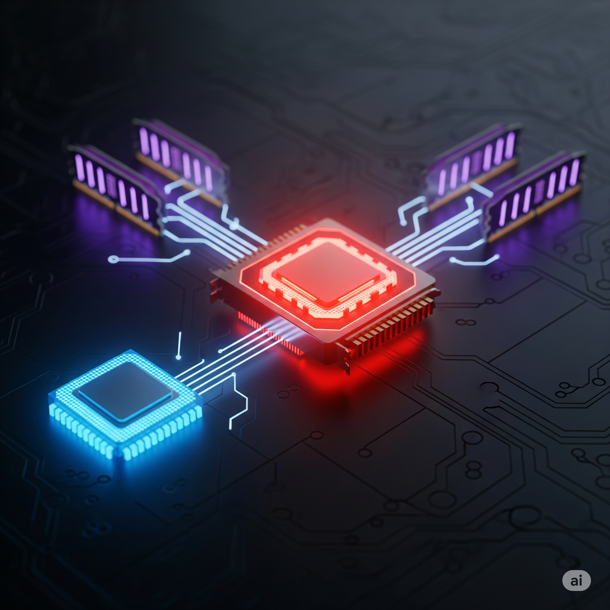 a glowing blue CPU and glowing purple RAM sticks