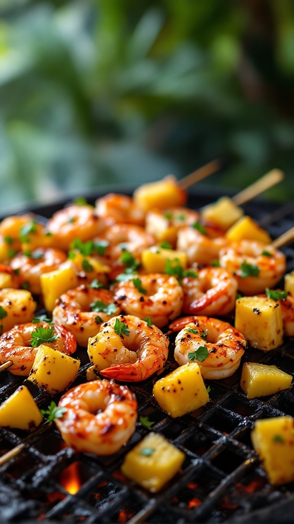 Spicy shrimp and pineapple skewers grilling on a barbecue