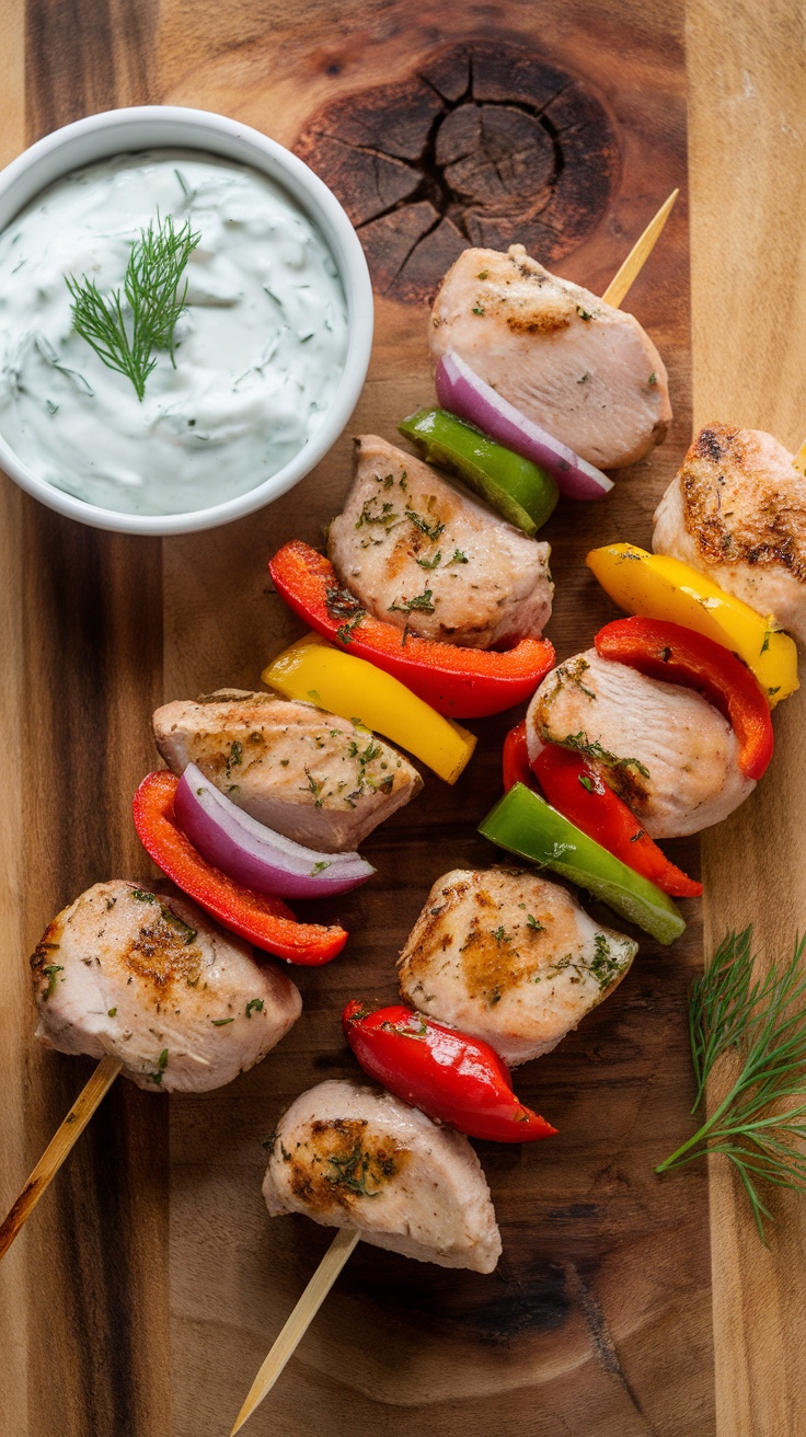 Plate of Mediterranean chicken skewers with bell peppers and tzatziki sauce