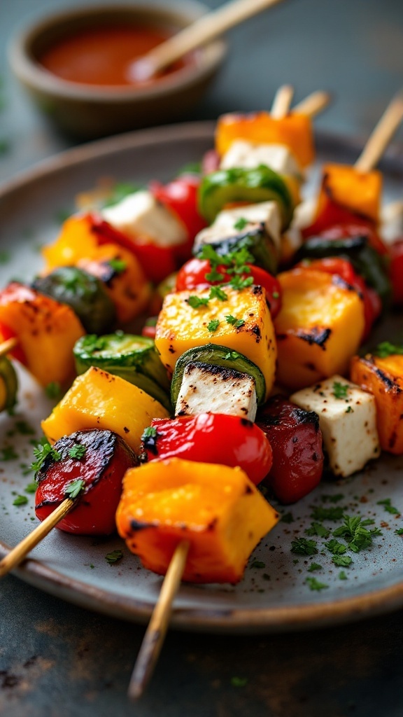Colorful vegetable and halloumi skewers on a plate with sauces