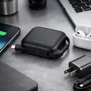 Stay charged on the go with this neat power bank featuring a handy built-in cable