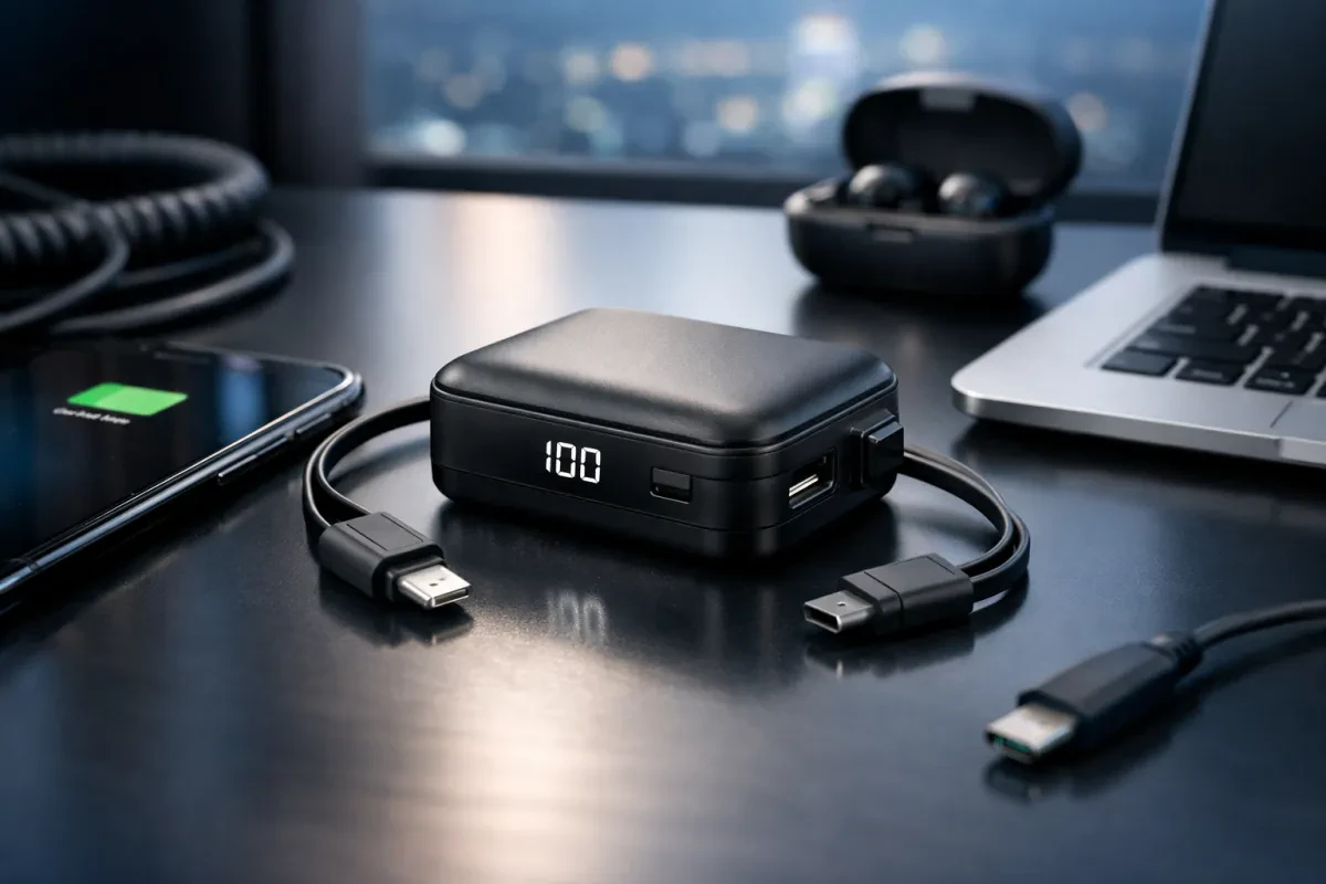 Compact Power Bank with Built-In Cable