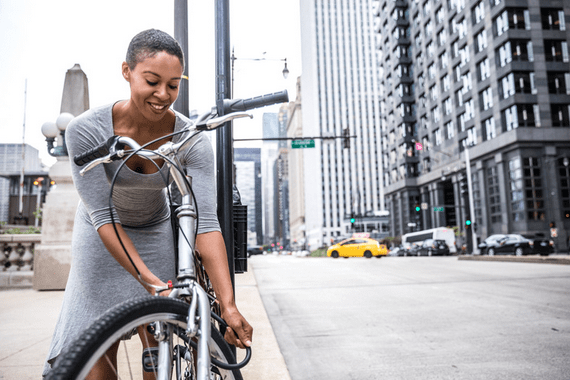 woman locking bike