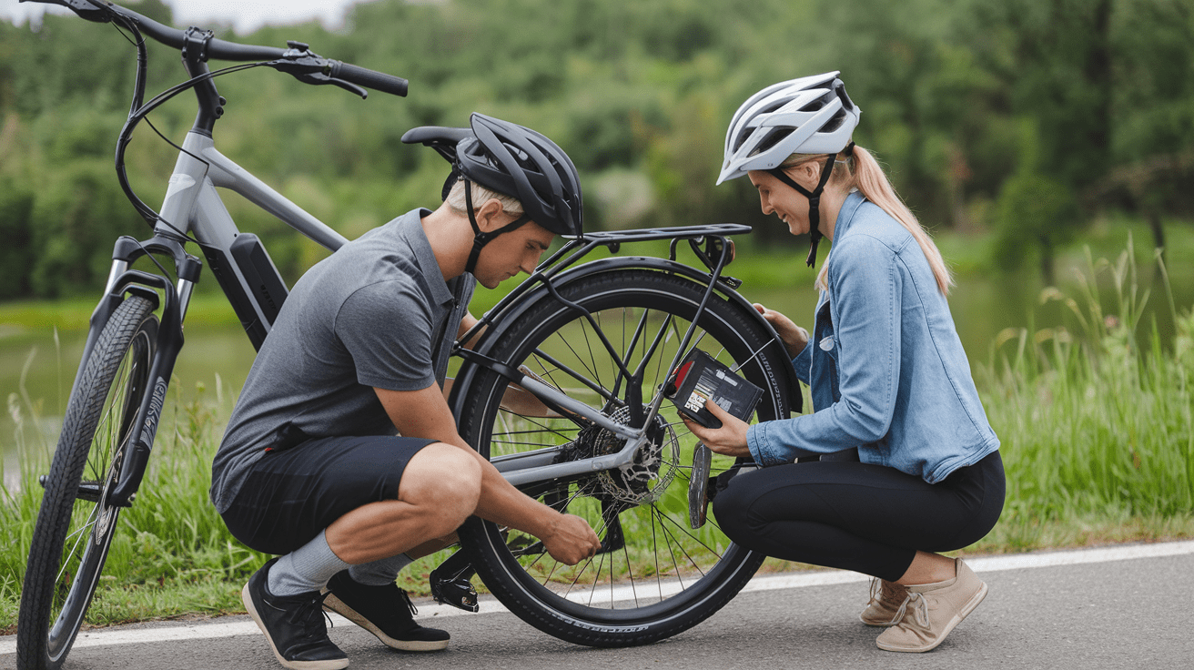 e-bikers fixing tires