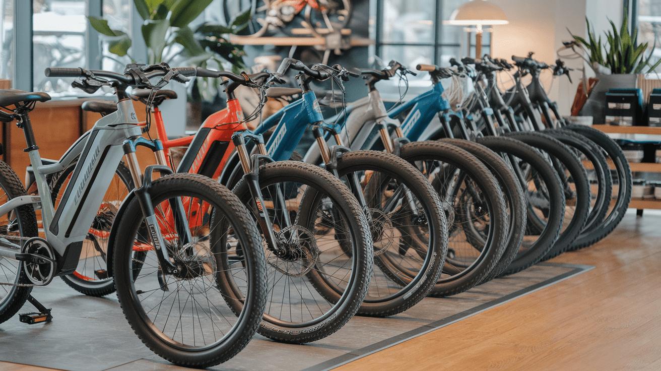 electric mountian bikes in showroom