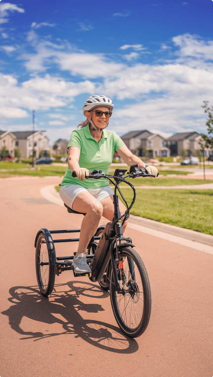 senior woman riding trike